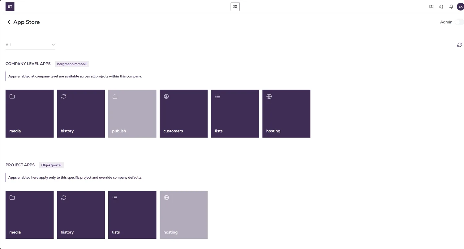 The App Store, split into Company Level Apps available across all projects, and Project Apps which override company defaults.