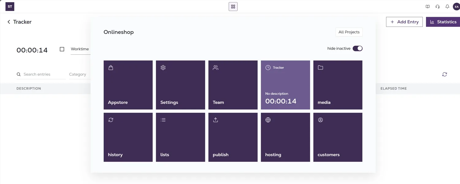 The same overlay with the Tracker tile showing a running timer at 00:00:14 inside it.