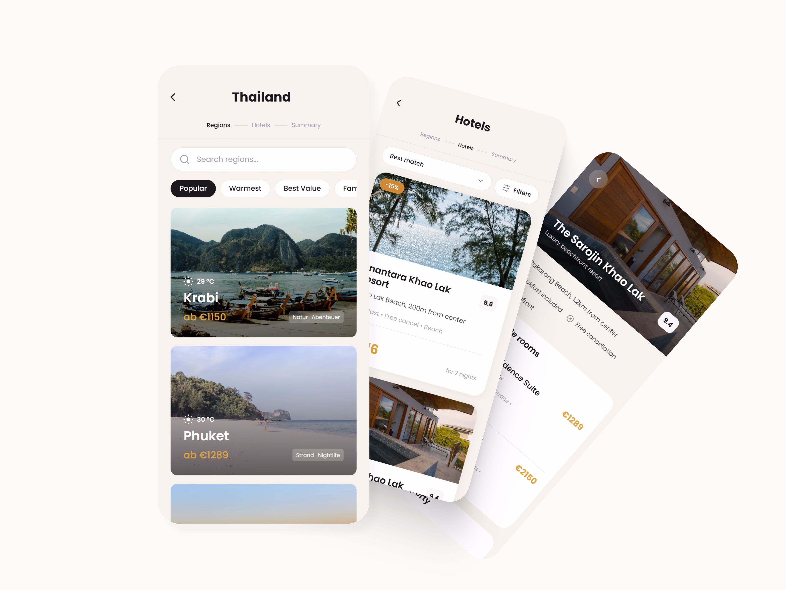 Redesigned Voya mobile booking experience showing the guided step-by-step flow