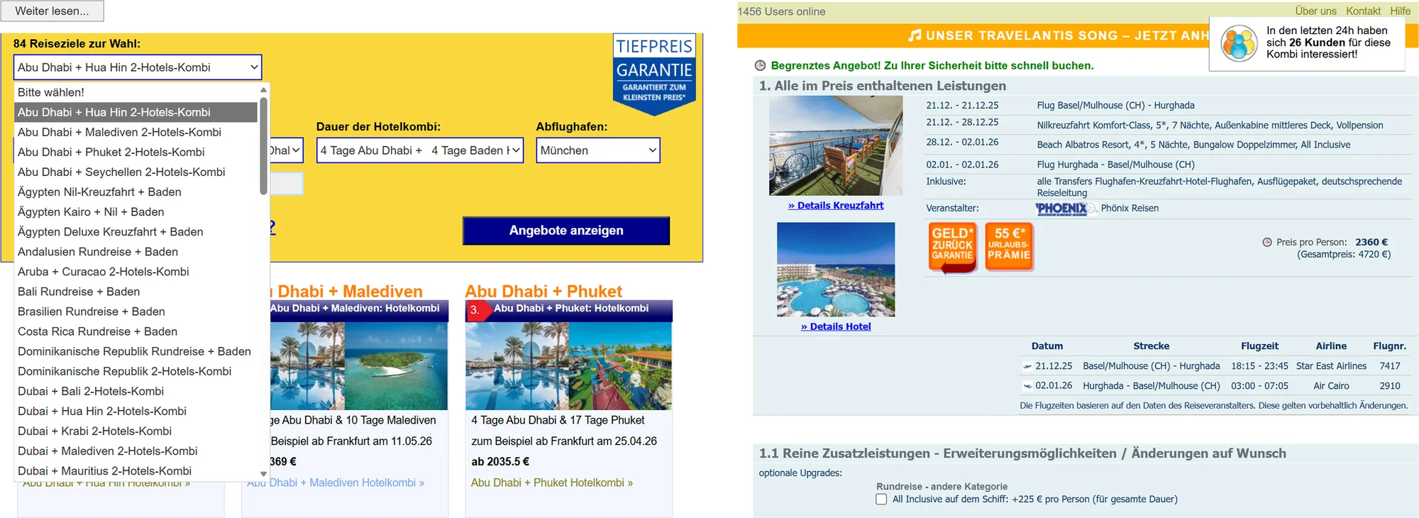 The legacy booking interface: dense dropdowns, promotional banners and price tables all on one desktop screen.