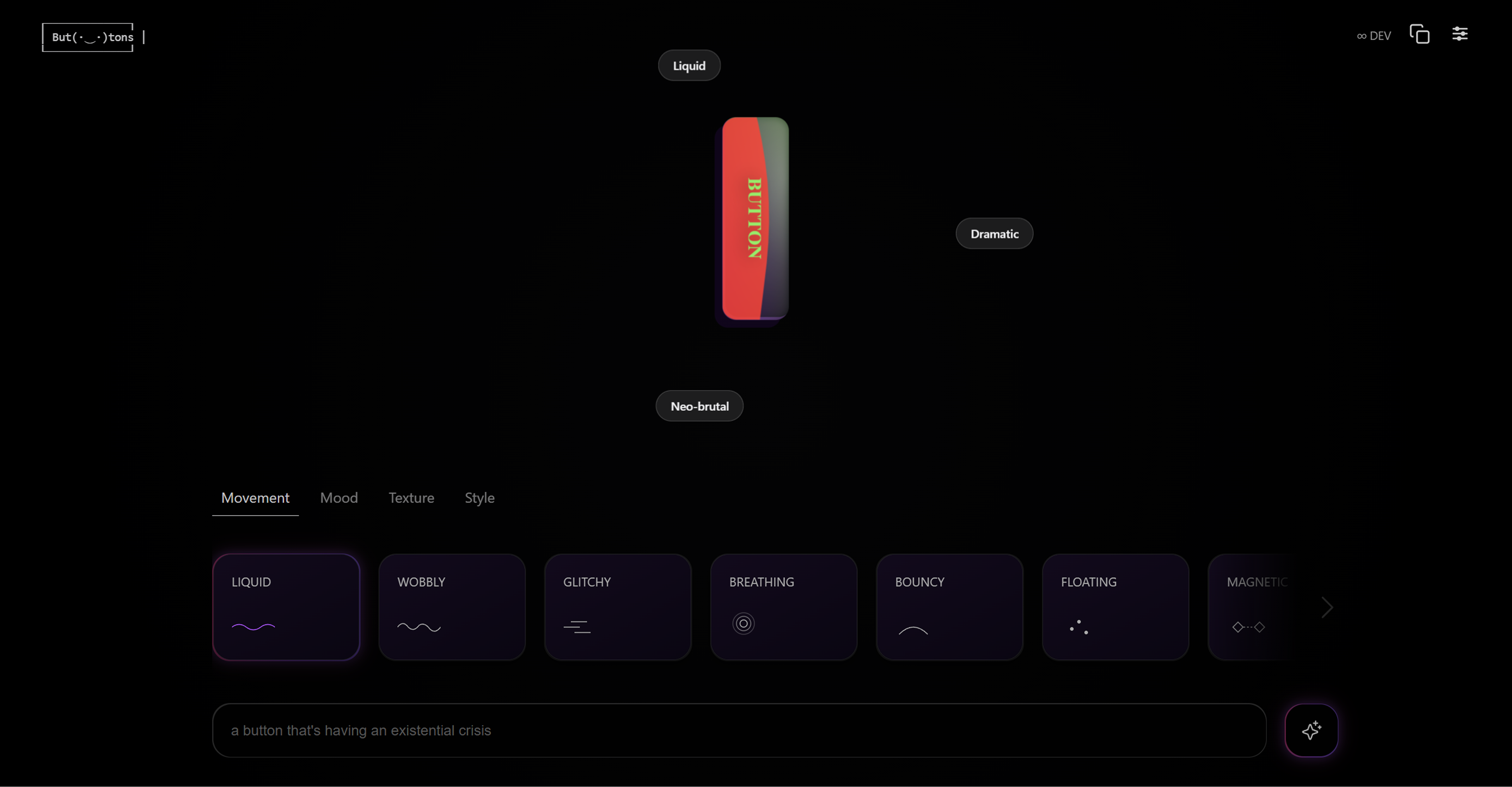 But.tons app – main canvas showing a gradient button, ingredient tabs for Mood, Movement, Texture and Style, and a prompt input bar