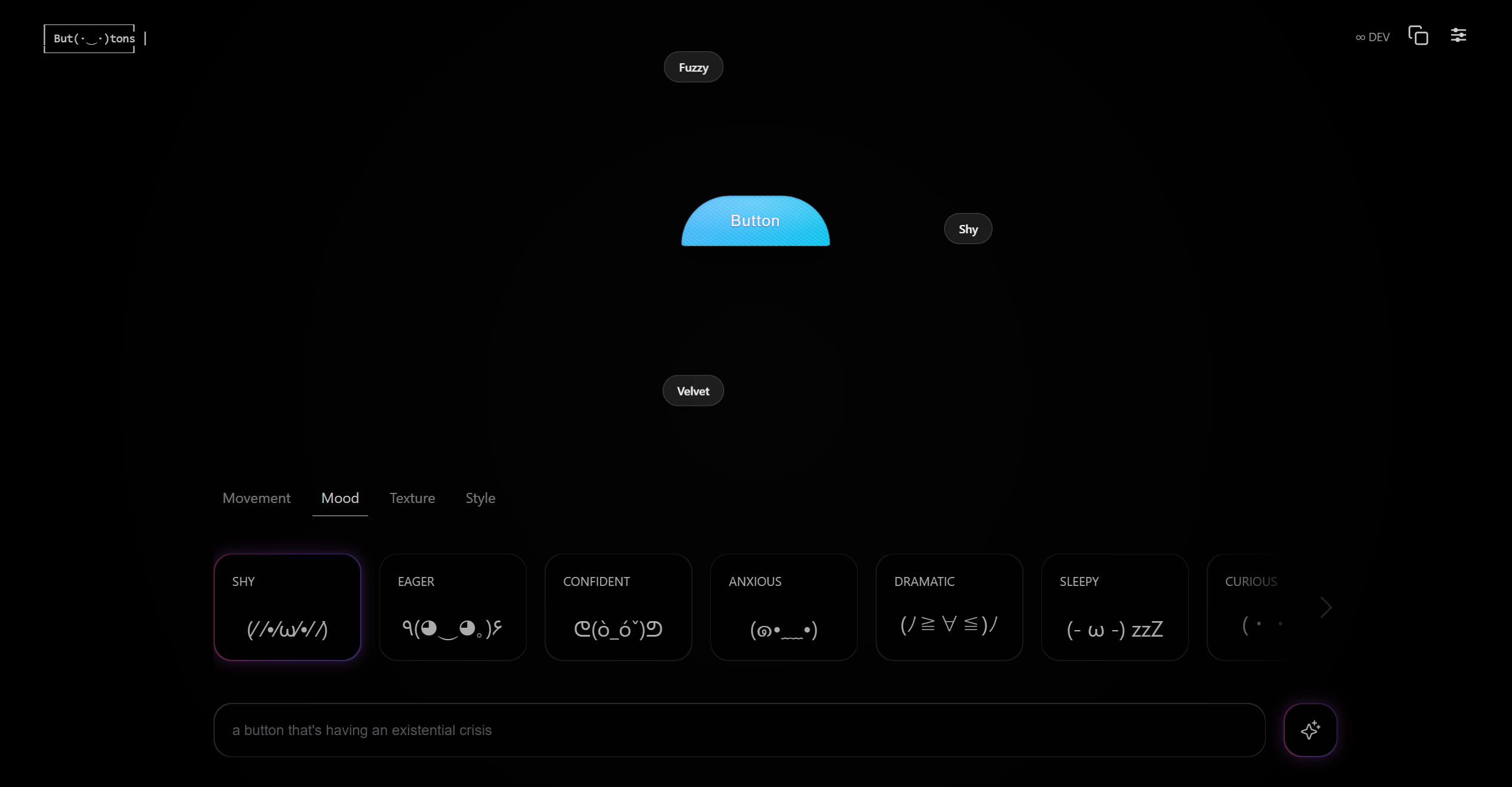 Mood tab showing multiple emotional states as selectable cards, with a soft blue rounded button in the canvas