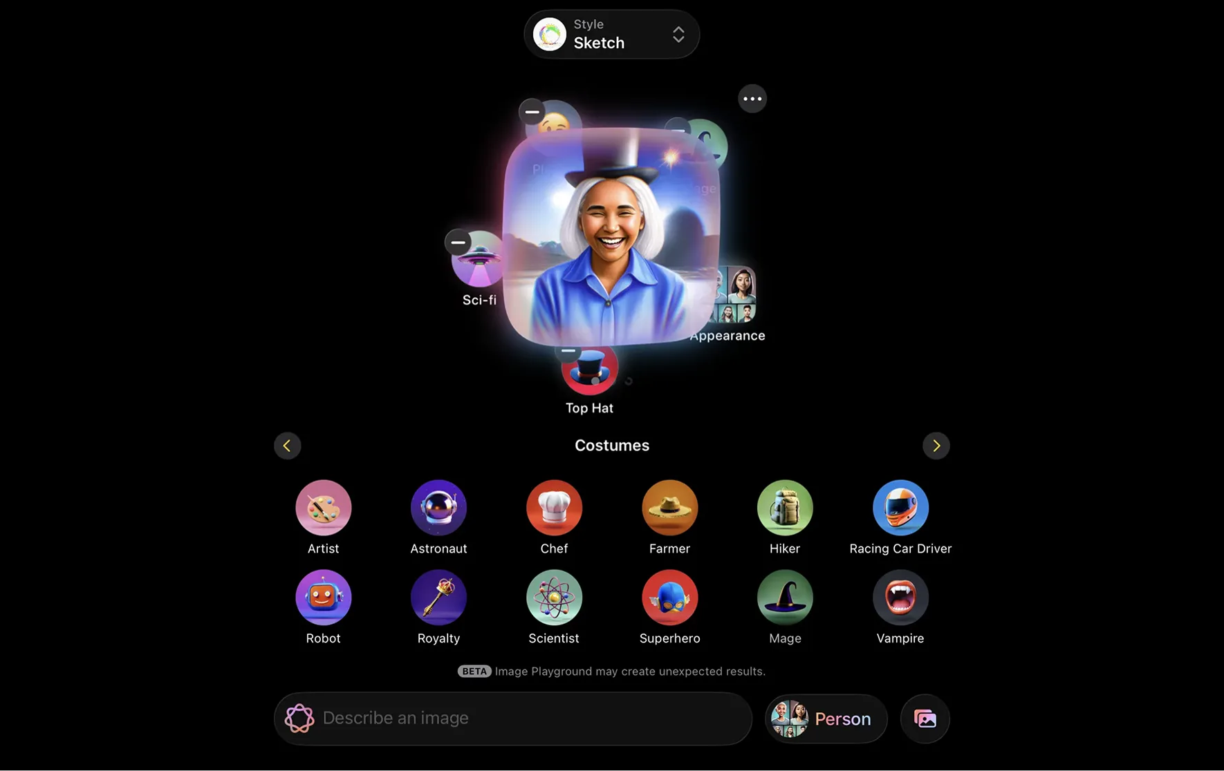 Playground AI: a portrait generated in a chosen style, with a grid of style options to mix below it.