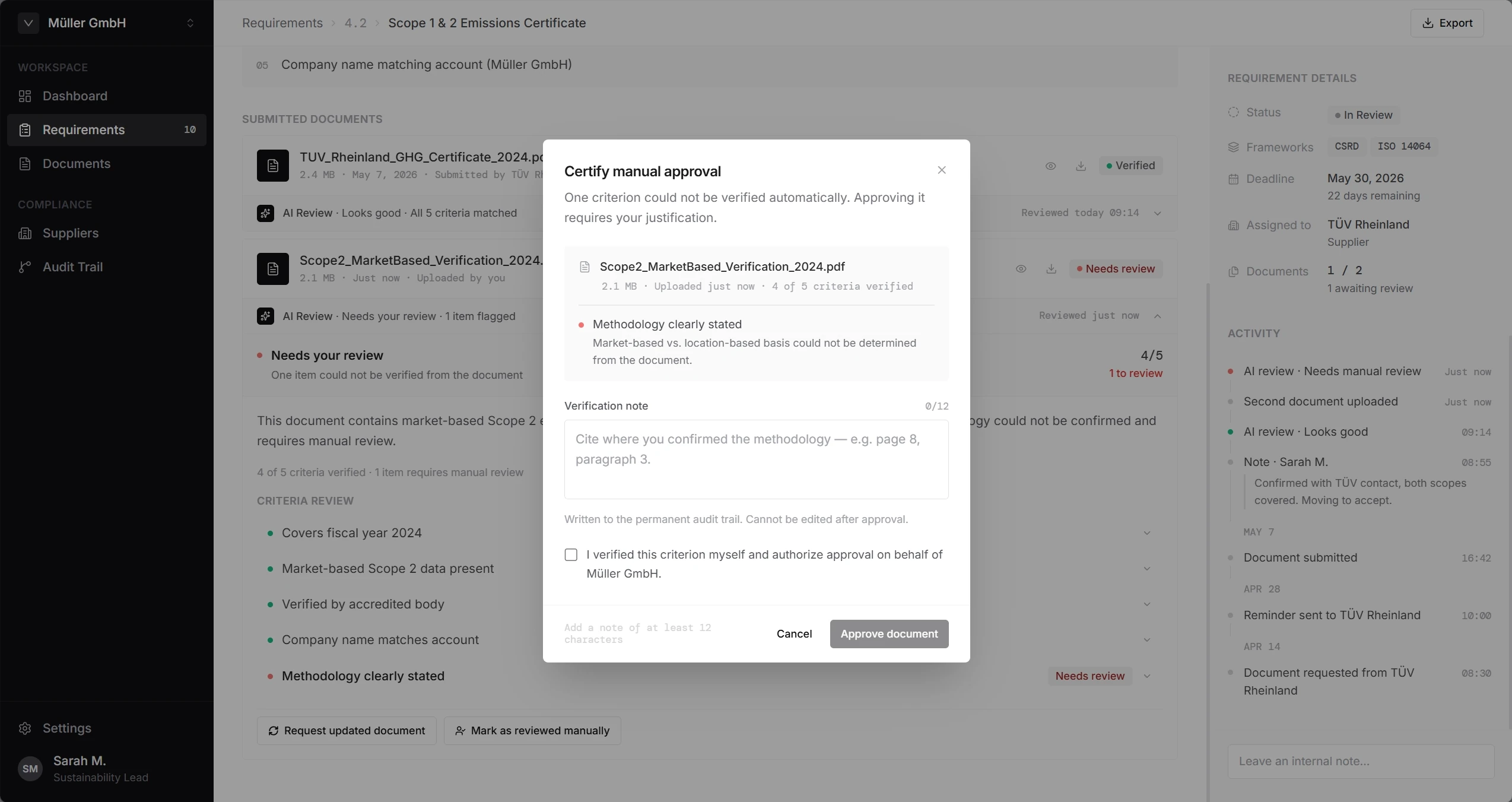 Certify manual approval modal: the unverified criterion named inside the document it came from, a required verification note, and a checkbox authorising approval on the company's behalf