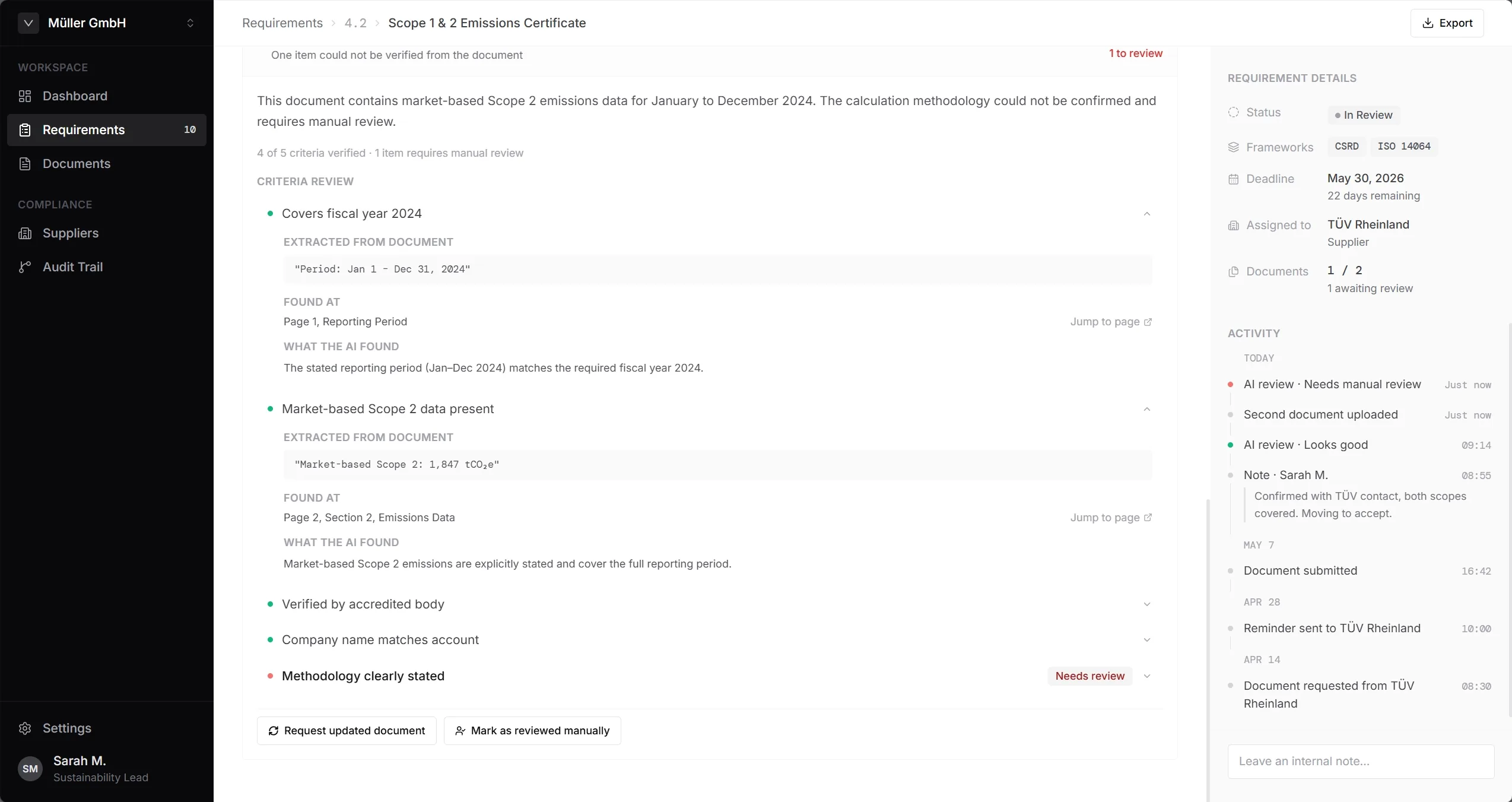 Two criteria opened to show the exact sentence extracted from the document, the page it was found on, and one line on what the AI found; the methodology criterion below is flagged for review
