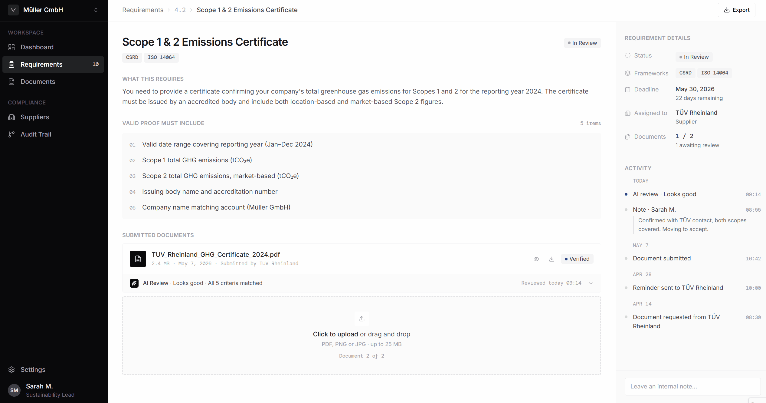 A document uploaded, then the AI working through the criteria in sequence with the extracted text and page reference appearing for each, ending on the methodology criterion flagged for review