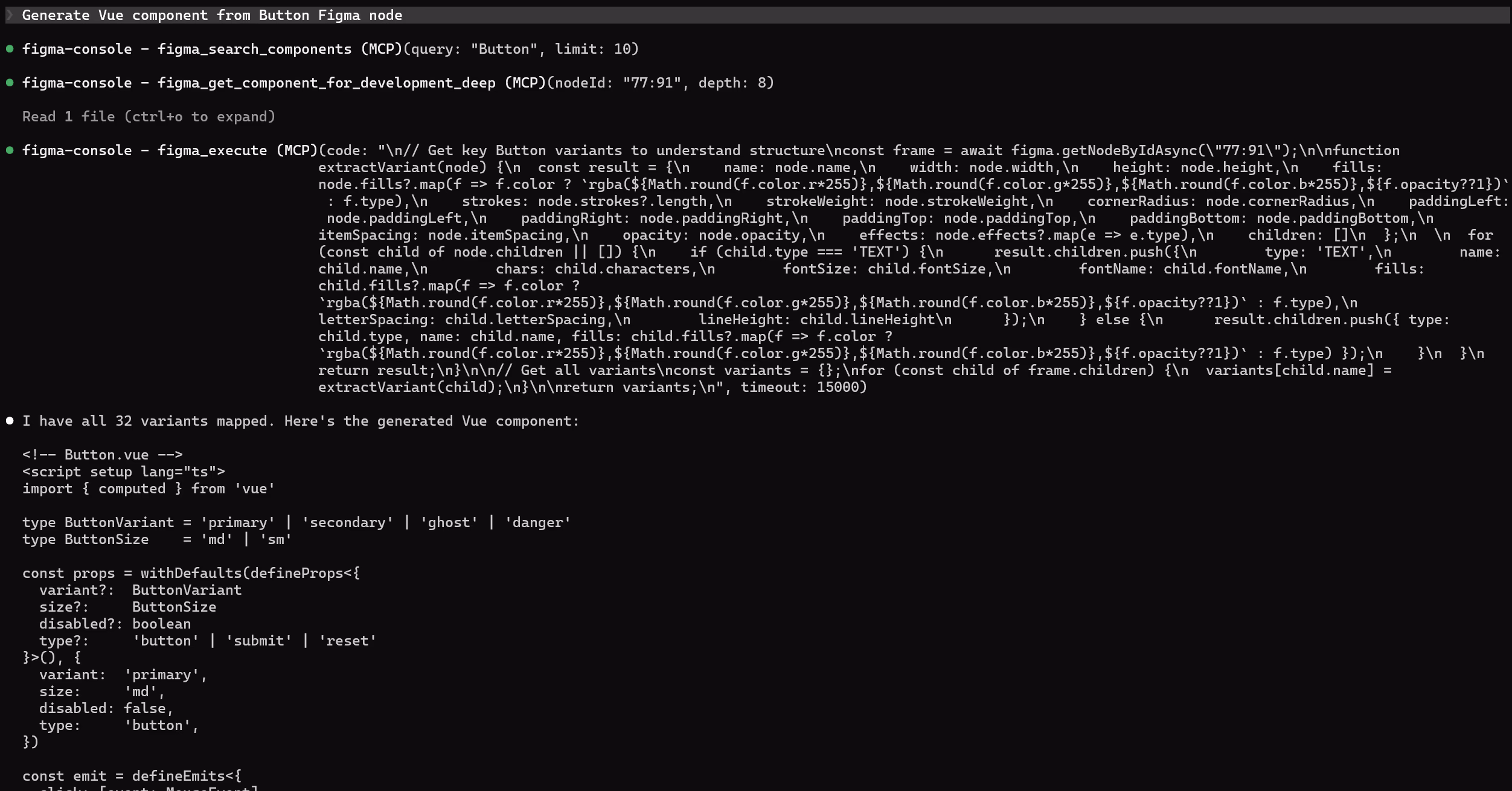 Claude Code reading design intent directly from the Figma file via MCP