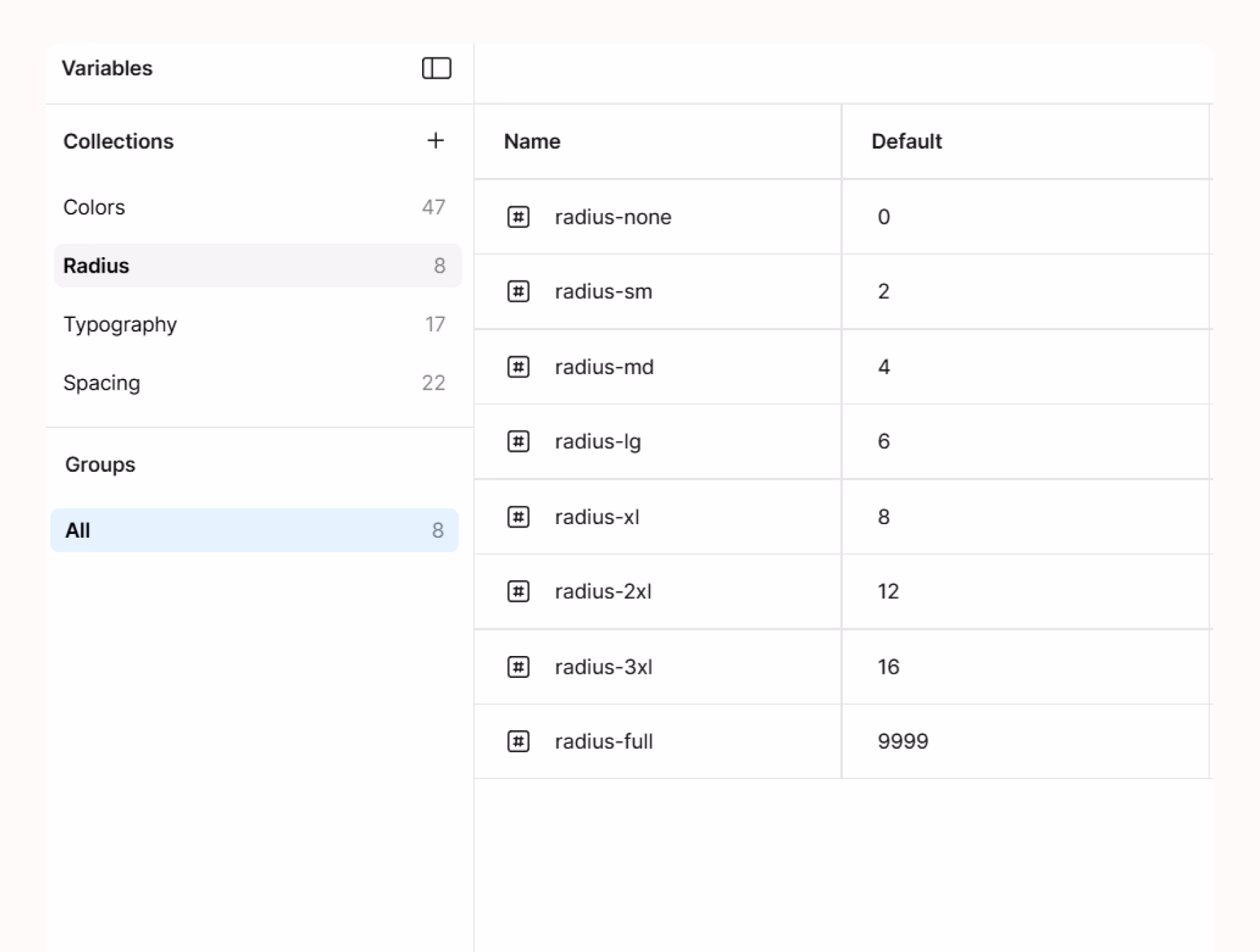 Four Figma variable collections forming the token architecture – Color, Spacing, Radius, and Typography