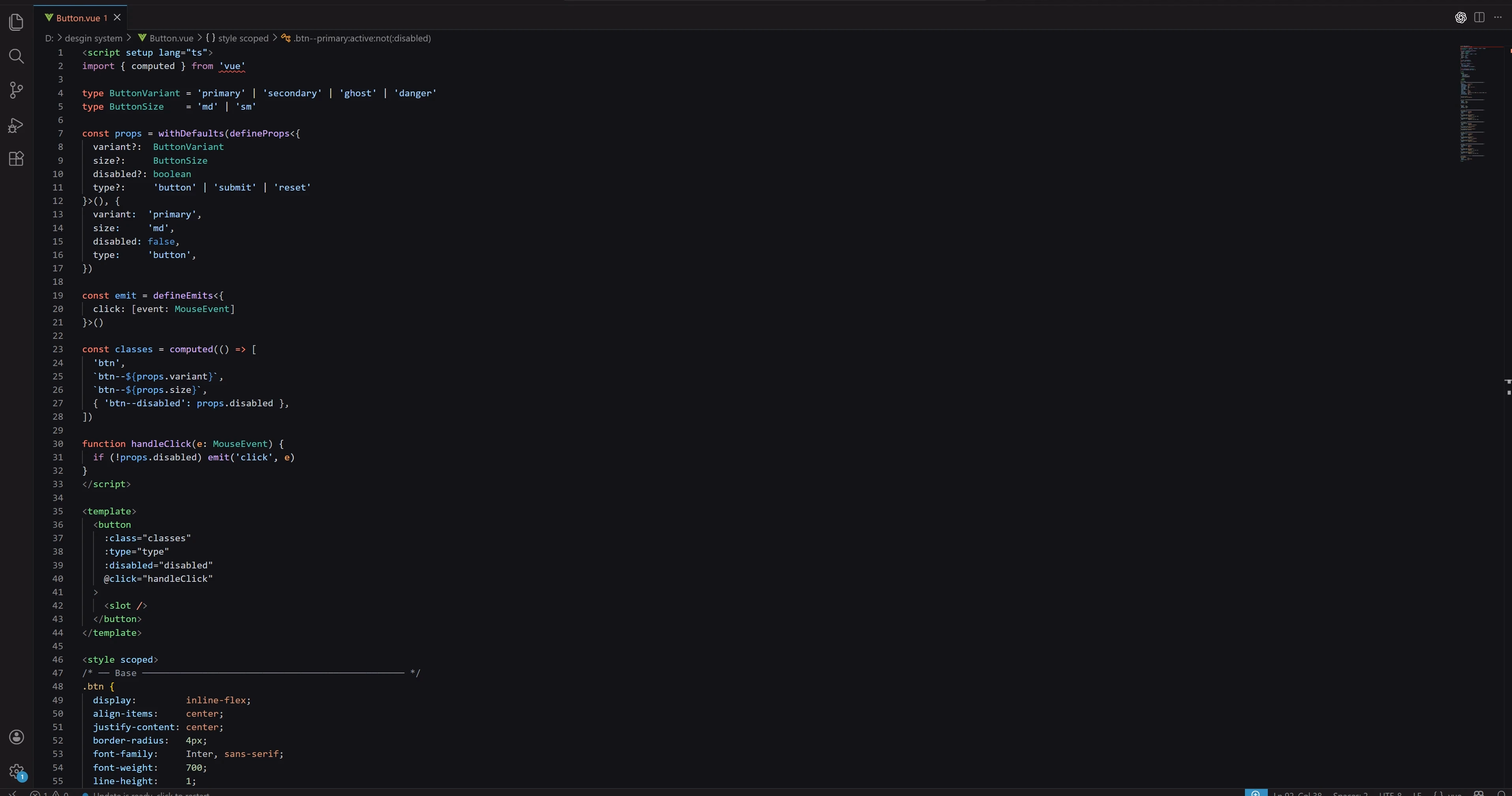 Generated Vue component with CSS custom properties mapped directly to Figma token names