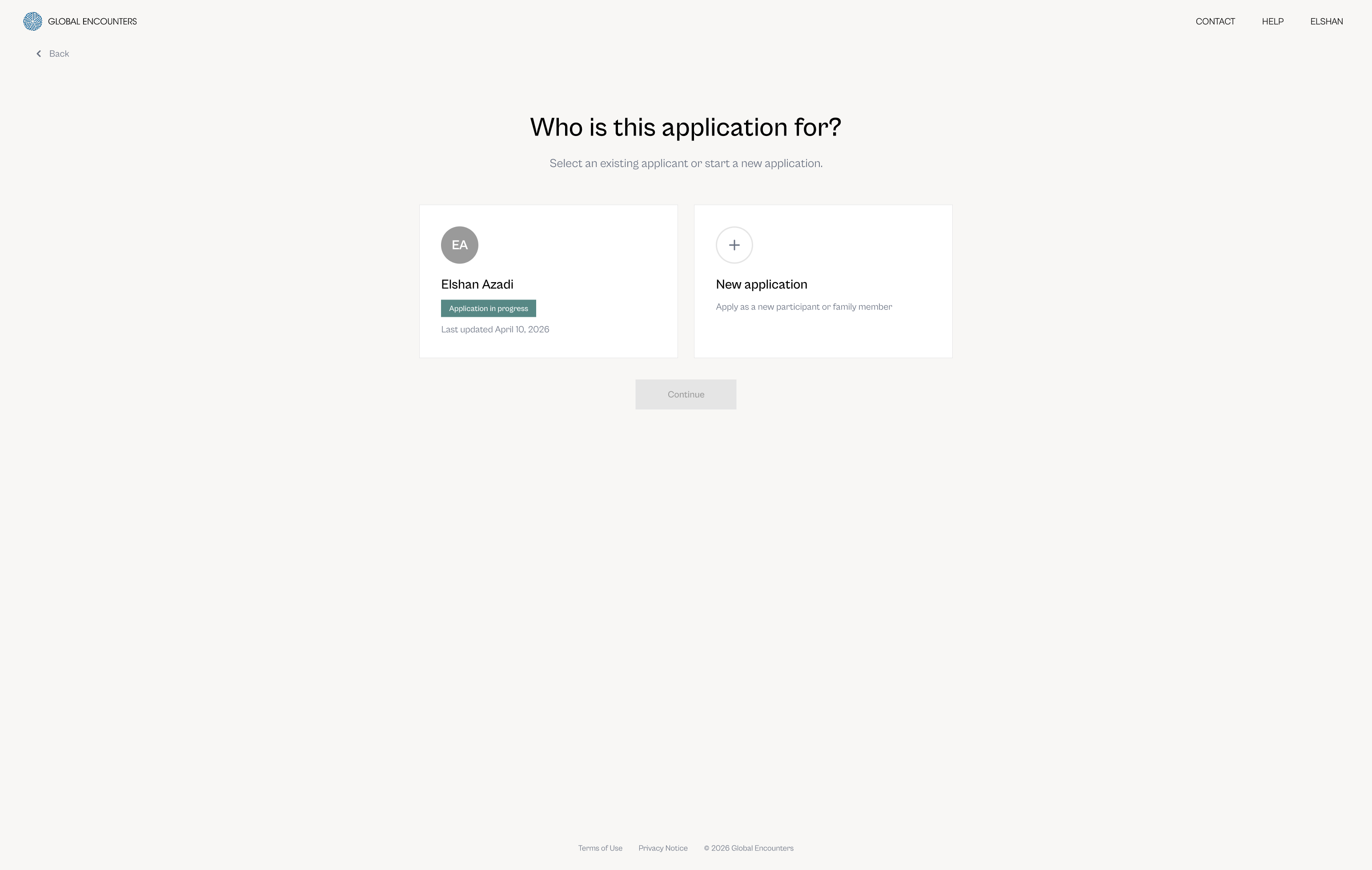 Applicant selection screen with two cards – existing applicant Elshan Azadi with Application in Progress badge, and New Application – and an inactive Continue button