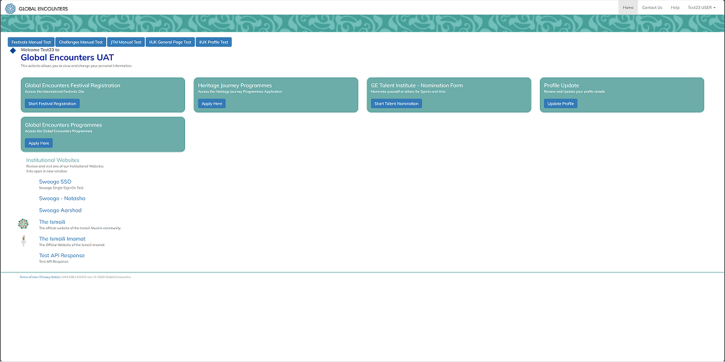 Legacy Global Encounters dashboard with five equal-weight teal programme cards and no visual hierarchy between them