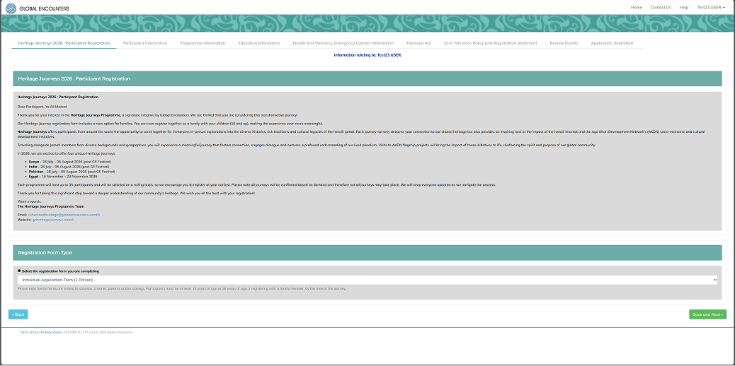 Legacy Heritage Journeys registration form showing all eight steps as simultaneous tabs before a single field is filled, with dense text content and no progress indication