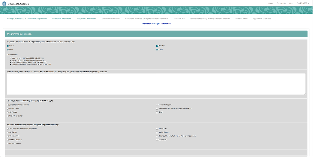Legacy programme information step: eight tabs across the top, a teal section header and rows of grey form fields