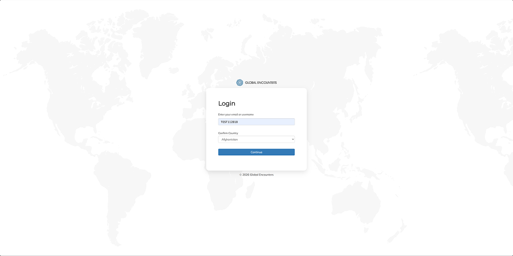 Legacy login step 1 showing only email and country fields over a faded world map background
