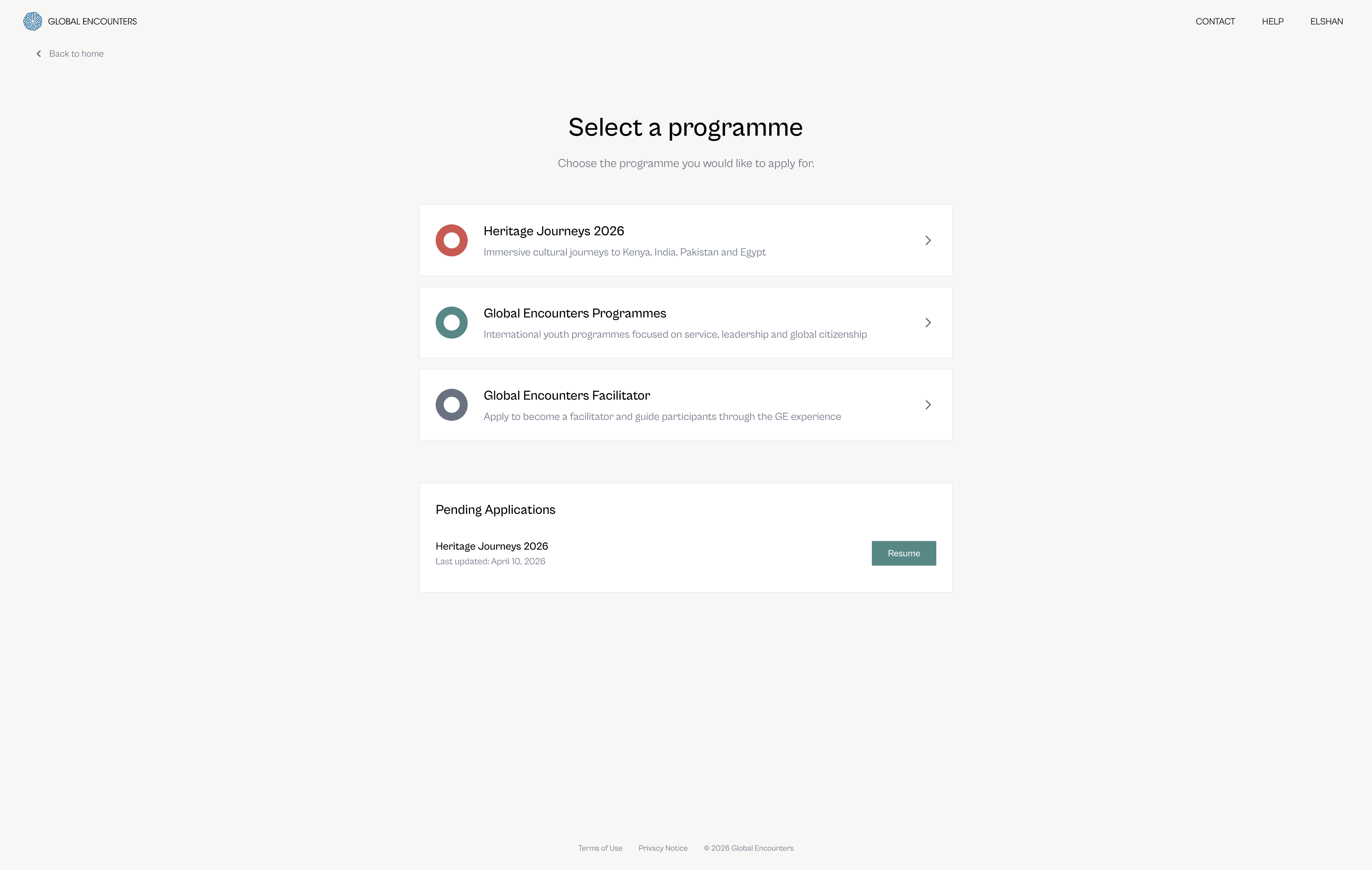 Programme selection screen showing Heritage Journeys, GE Programmes, and GE Facilitator as a clean list with sub-brand colour circles, and Pending Applications below