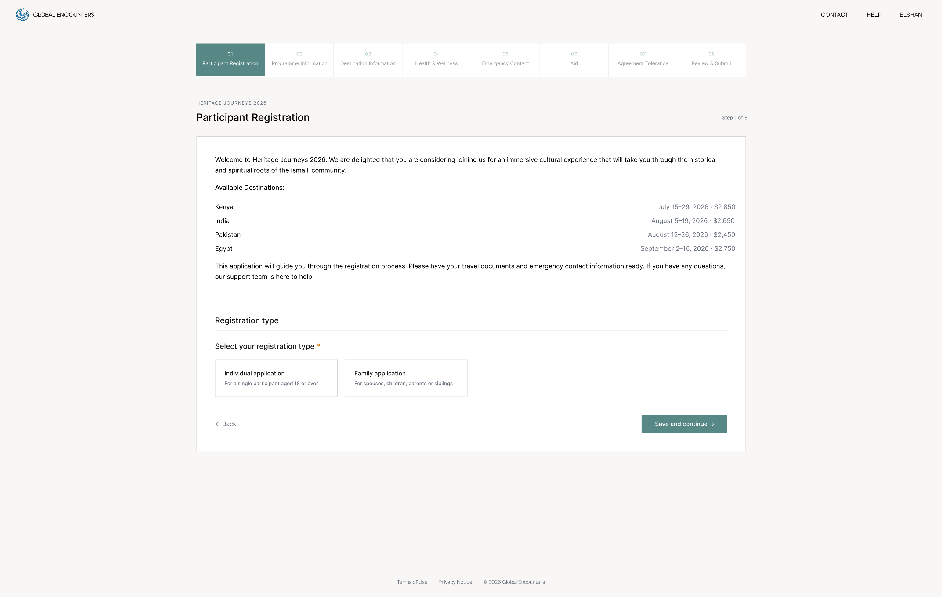Heritage Journeys application step 1 showing a progress indicator at the top, a welcome message, a destination table with dates and prices, and registration type card selection