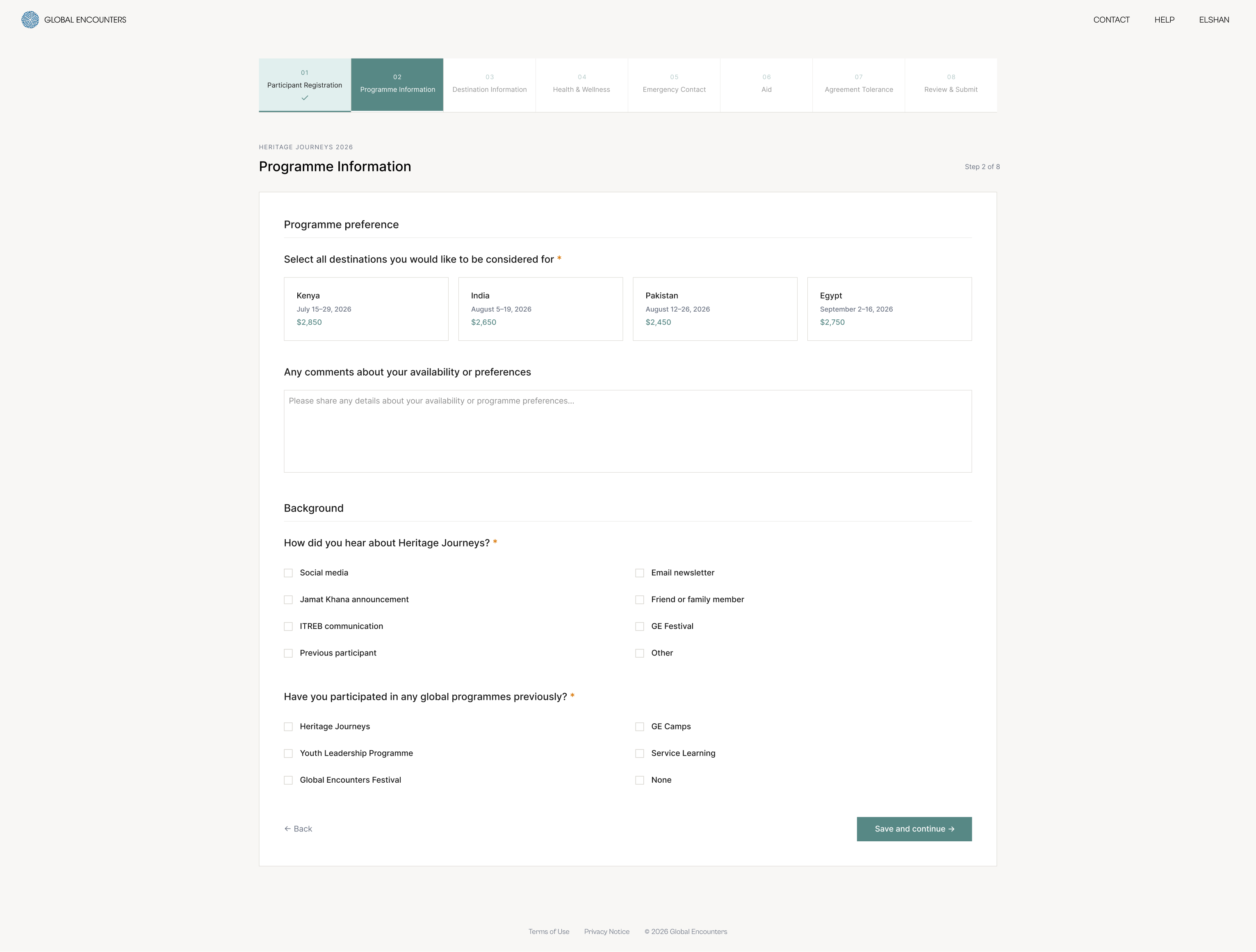 Heritage Journeys application step 2 showing destination preference as selectable cards with prices, availability comments field, and referral source checkboxes