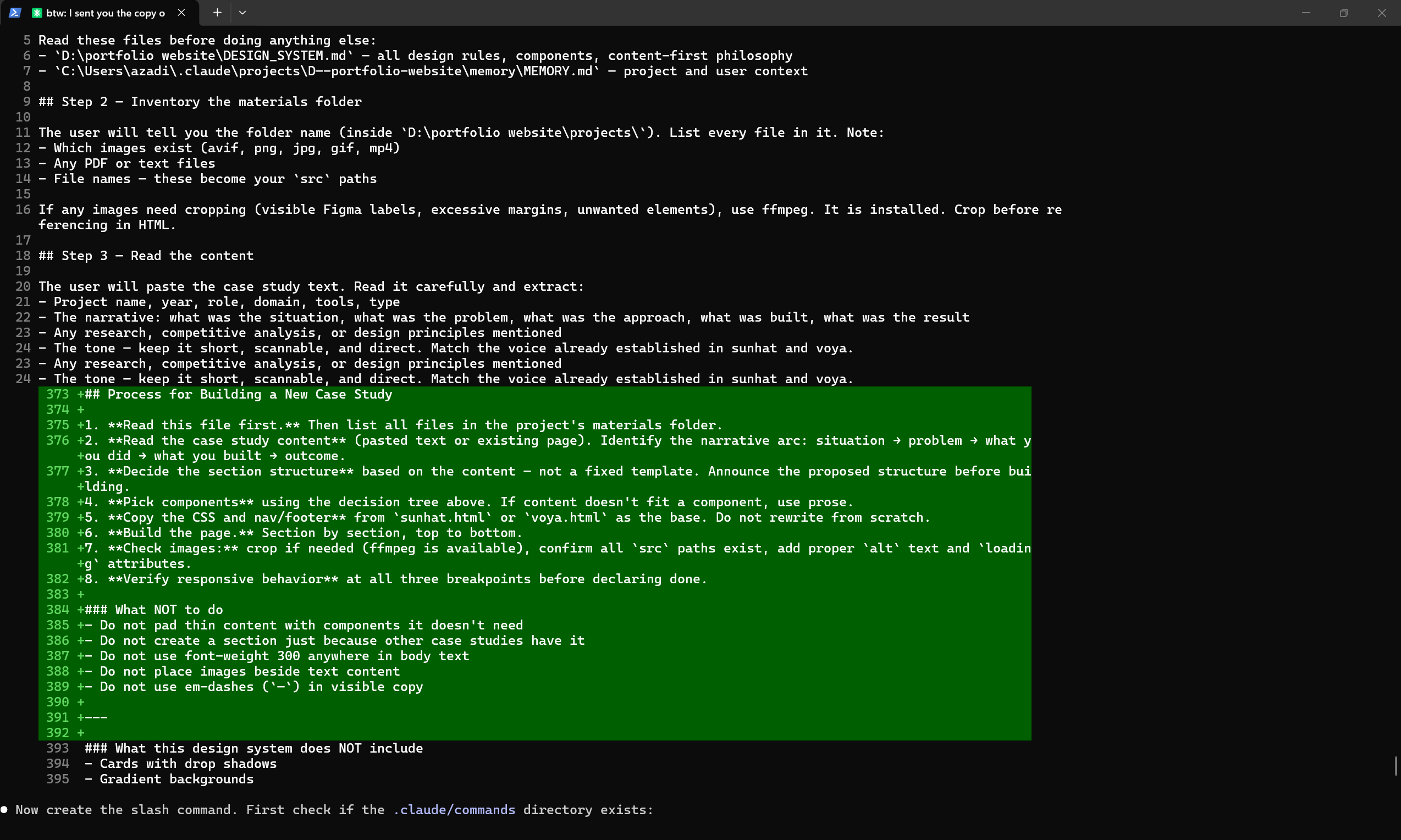 Claude Code terminal showing the /case-study command being written in real time