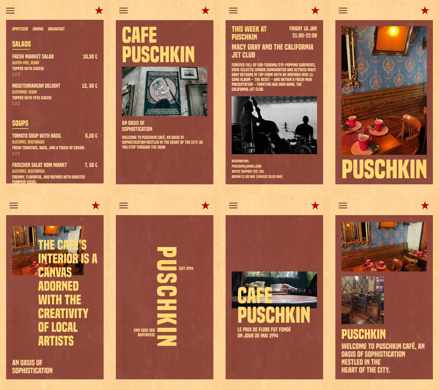 Eight-panel mobile screen grid showing the Puschkin identity system across menu cards, event posters, identity screens, and venue photography