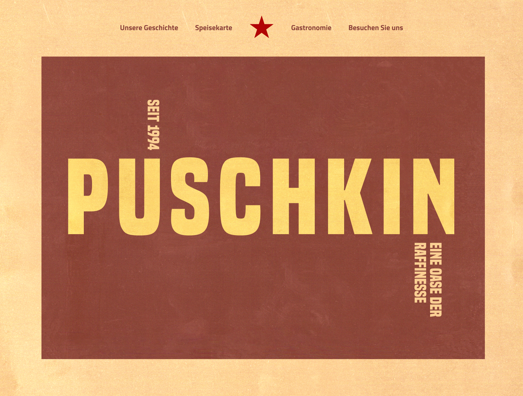 Puschkin website showing the constructivist identity poster as a full-browser hero, PUSCHKIN wordmark spanning the full viewport width