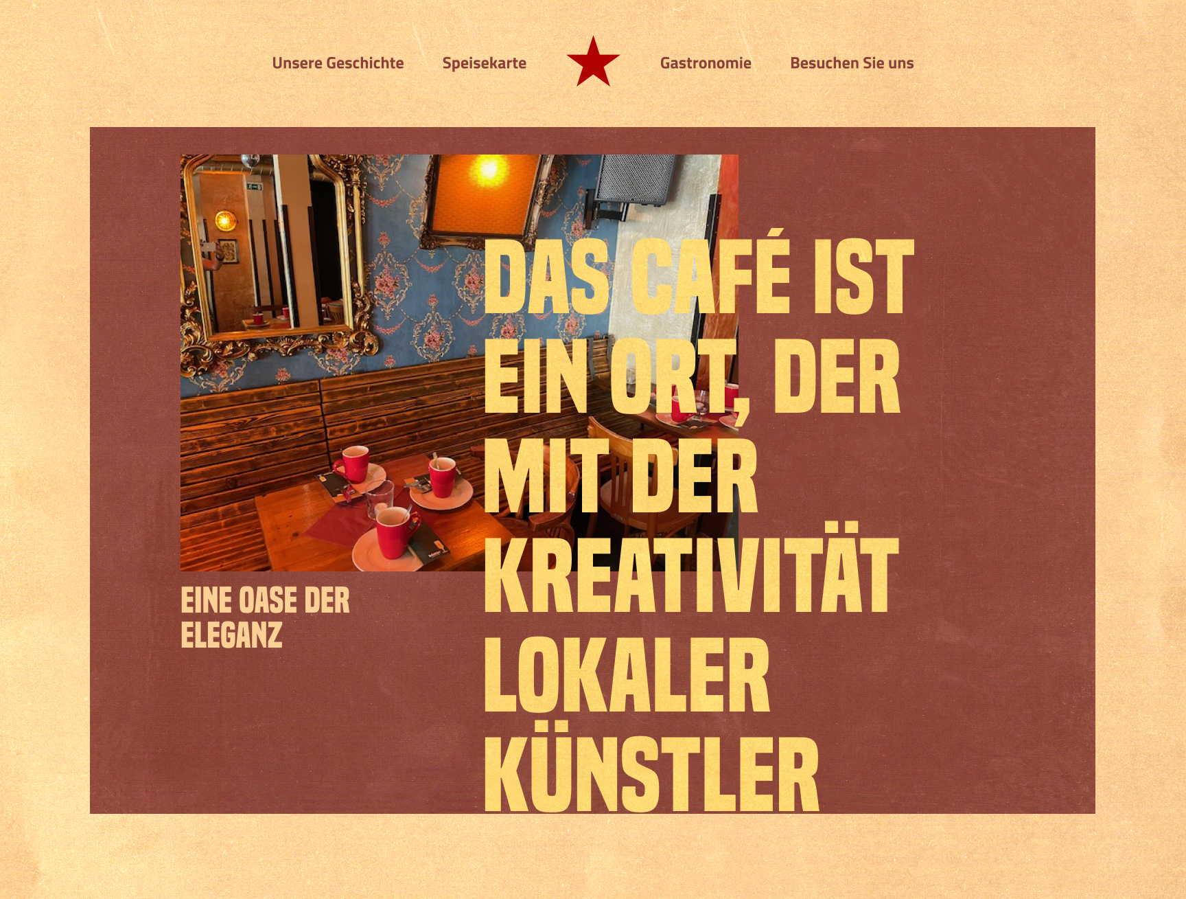 Puschkin website interior photo with bold typographic overlay and Eine Oase der Eleganz label at lower left