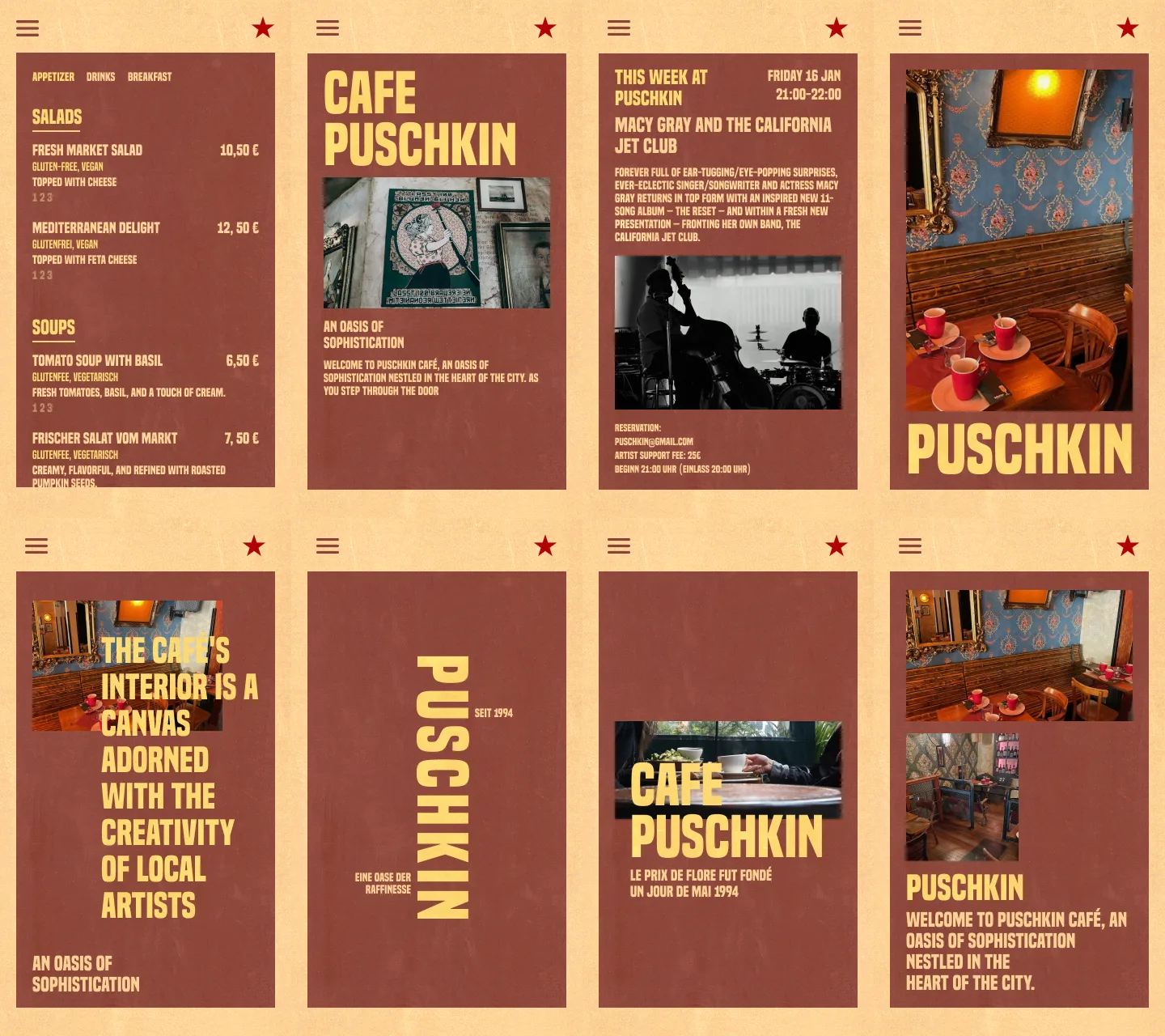 Eight mobile screens: the menu, the café story, events and the wordmark, all in the brick-and-cream identity.